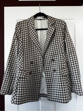 Express Plaid Double-Breasted Blazer Jacket - Black & White